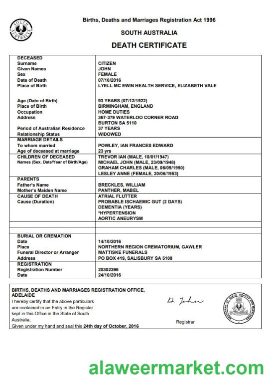 Australia South Australia death certificate template in Word format